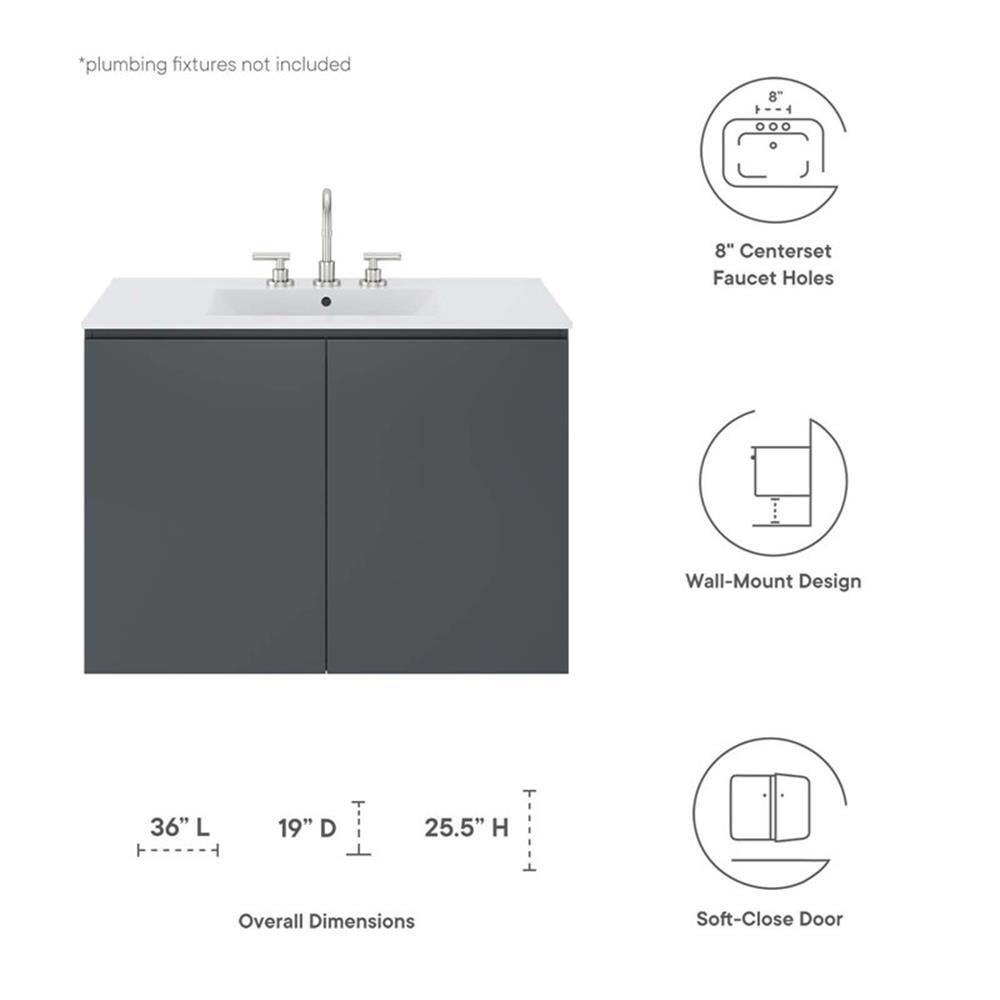 Modway Bryn 36″ Modern Wood/Ceramic Wall-Mount Bathroom Vanity in Gray/White