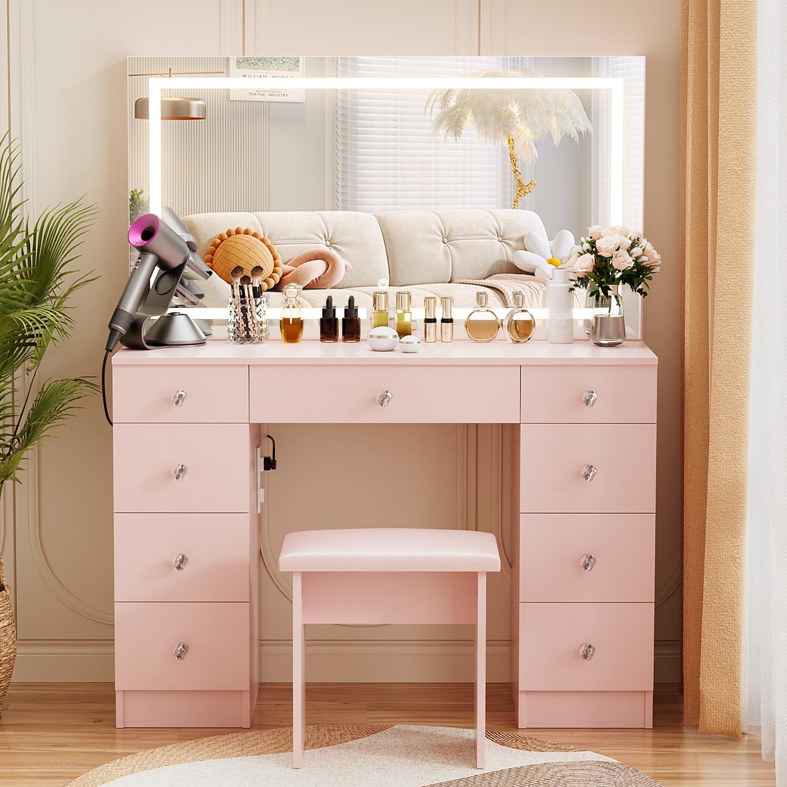Vanity Lighted Mirror Power Outlet 9 Drawers 3 Color Lighting 43 Pink