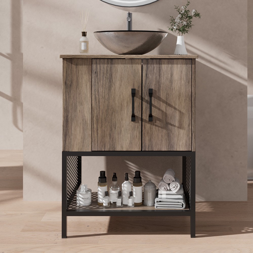 24″ Single Bathroom Vanity Modern Iron Wood Cabinet with Glass Sink Combo Set