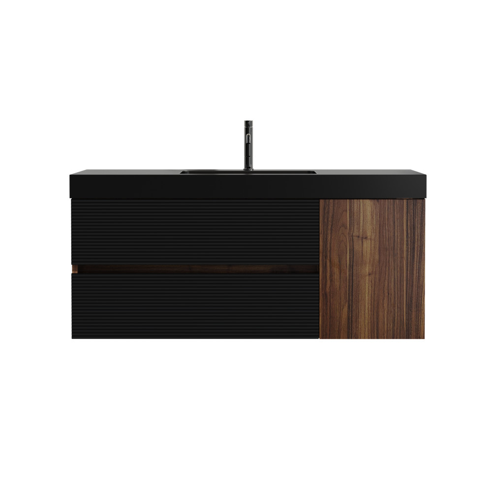 48″ Walnut Bathroom Vanity with Matt Black Engineered Quartz Sink and Soft Black