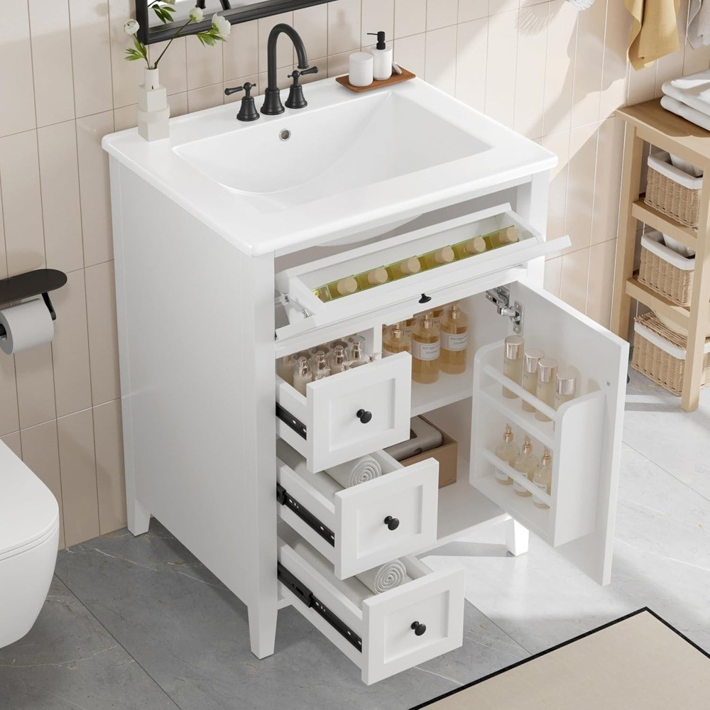 White 24 Inch Bathroom Vanity with Sink Combo, Solid Wood Storage Cabinet with 3
