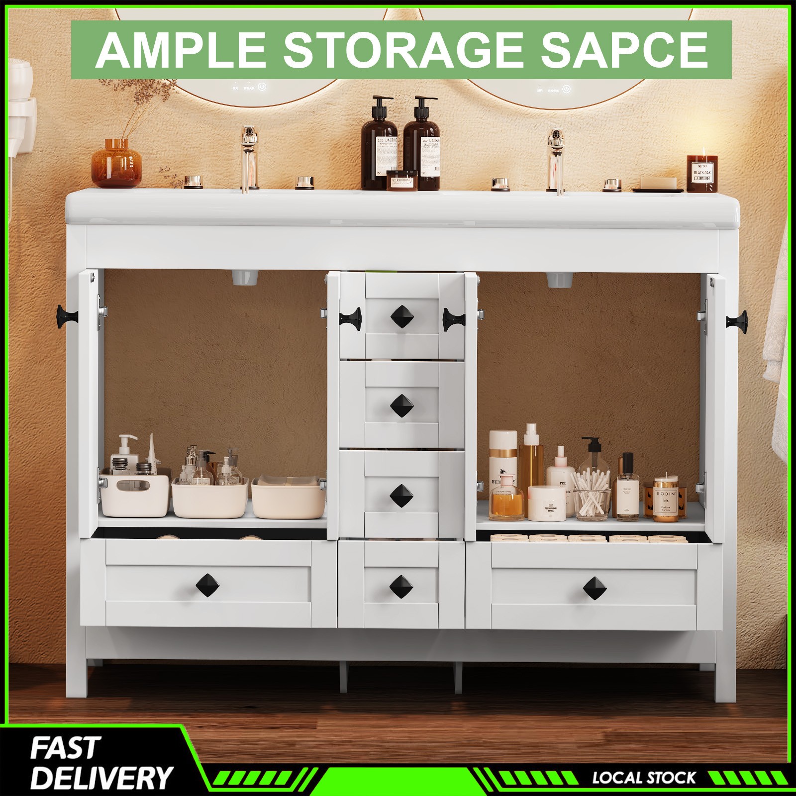 47 Inch White Modern Bathroom Vanity Double Ceramic Sinks Freestanding 5 Drawers