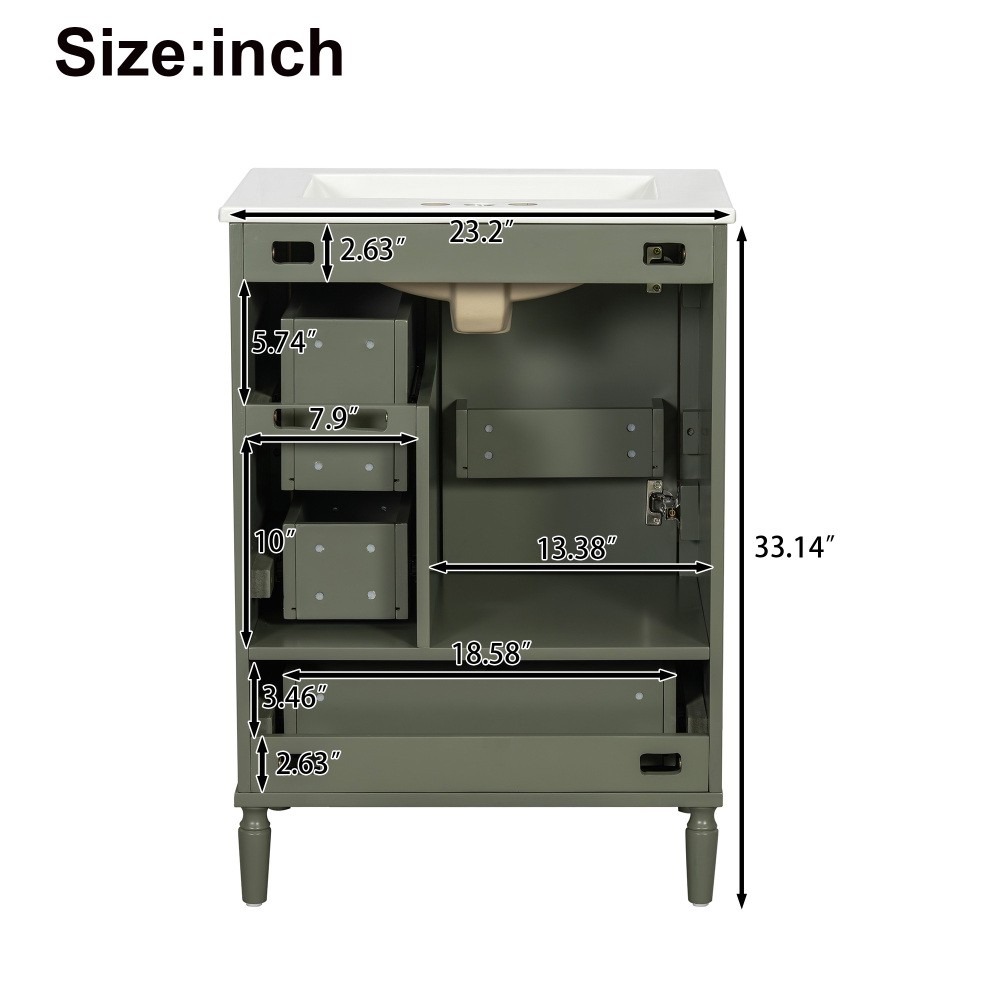 24″ Modern Bathroom Vanity with Ceramic Sink, Soft-Close Door, 3 Drawers