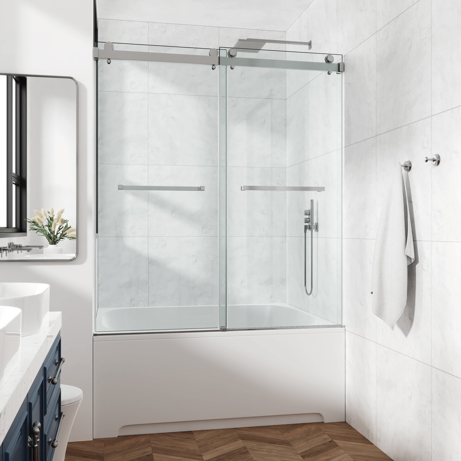 72x60in Frameless Sliding Shower Door, Brushed Nickel, 3/8in Tempered Glass