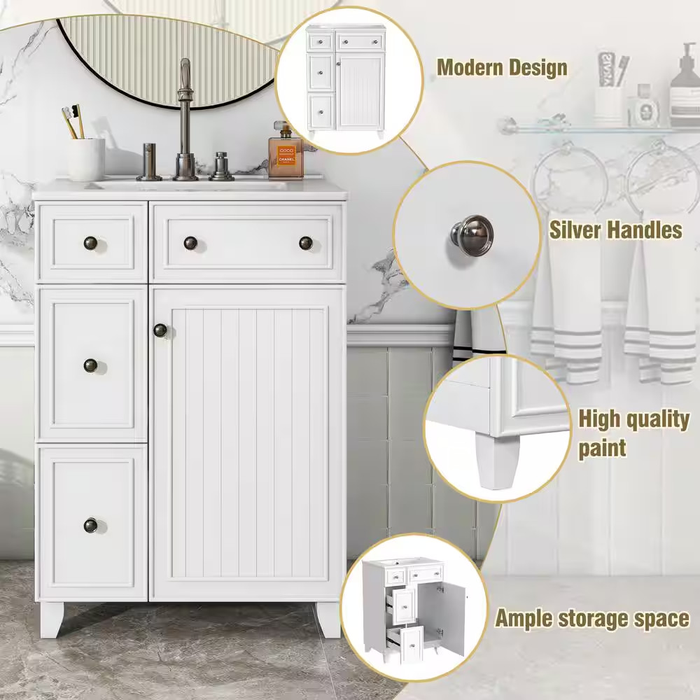 24 In. W Single Sink Freestanding Bath Vanity in White with White Ceramic Top an