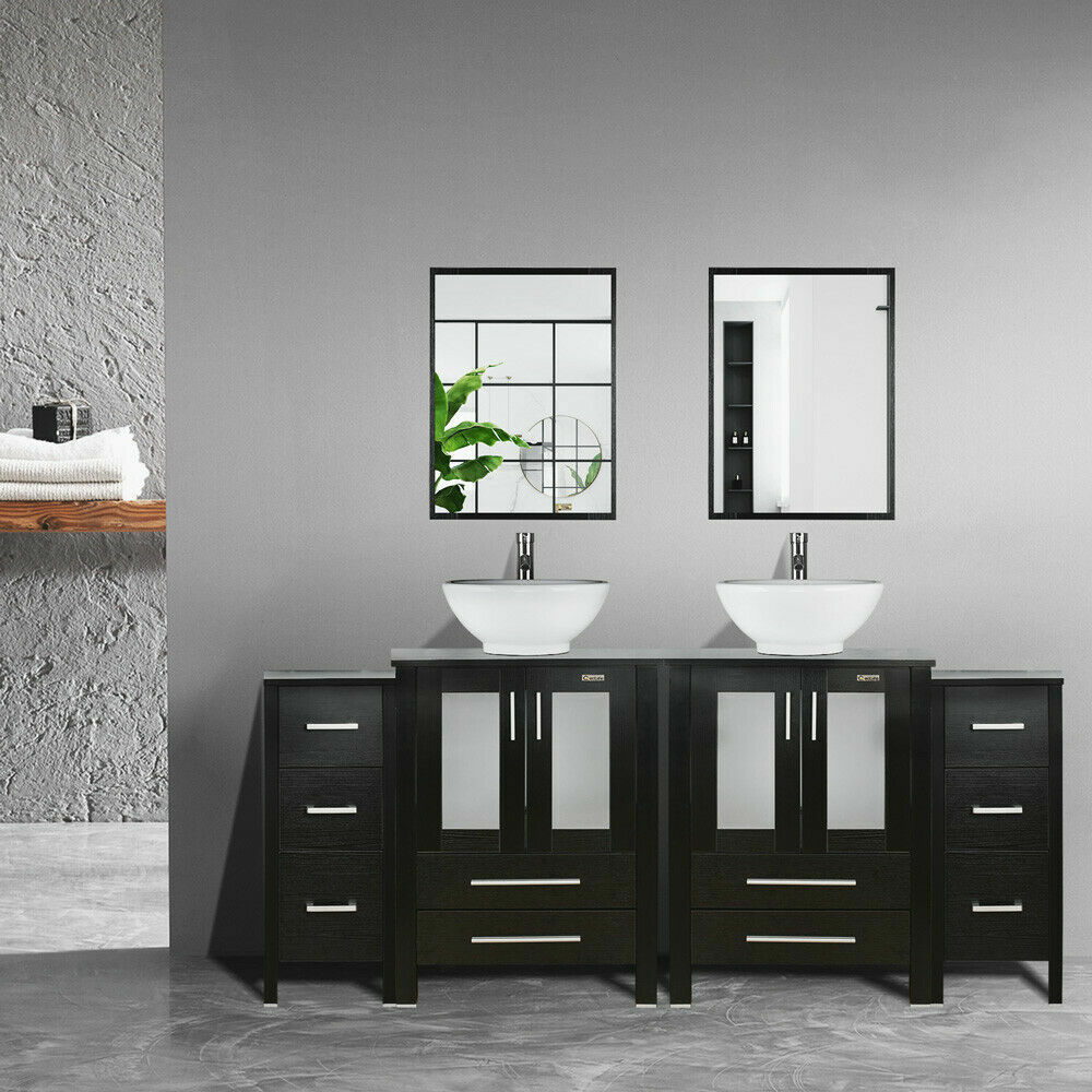 72″ Bathroom Vanity Black Set Mirror 2 Side Cabinet Vessel Glass/Ceramic Sink