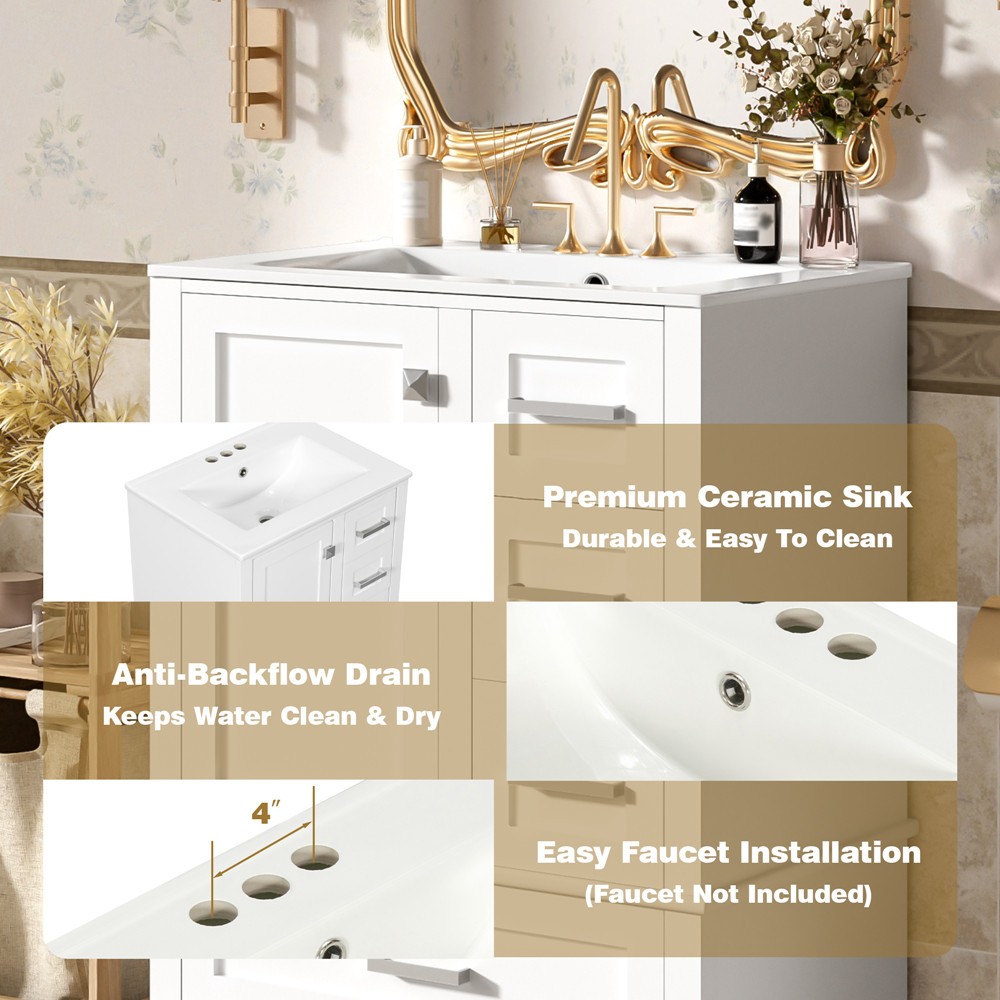 24.8″ Bathroom Vanity w/Basin Sink,Freestanding Vanity Storage Cabinet,3 Drawers