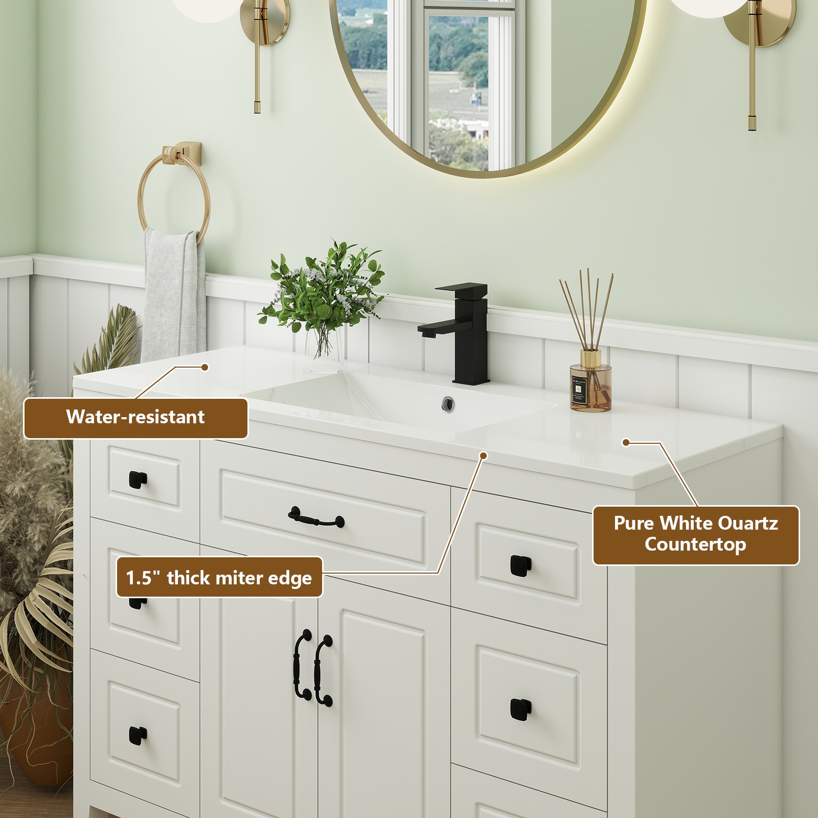 48″Bathroom Vanity with Sink Soft Close 2 Doors and 6 Drawers Freestanding White