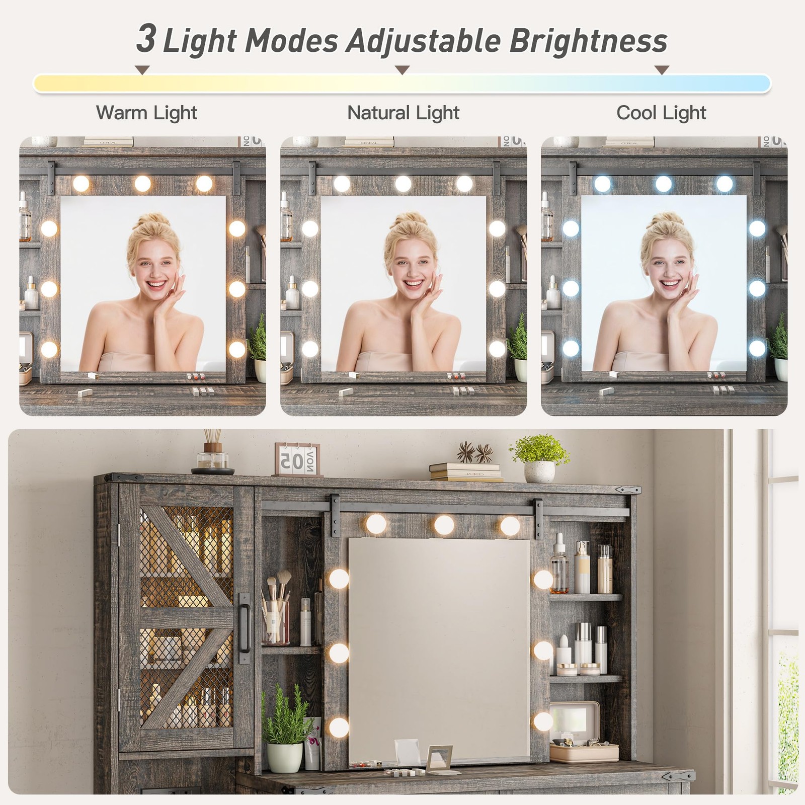 48W Vanity Sliding Mirror Lights 4-Drawer 2-Cabinet 3-Color Lighting Rustic Oak