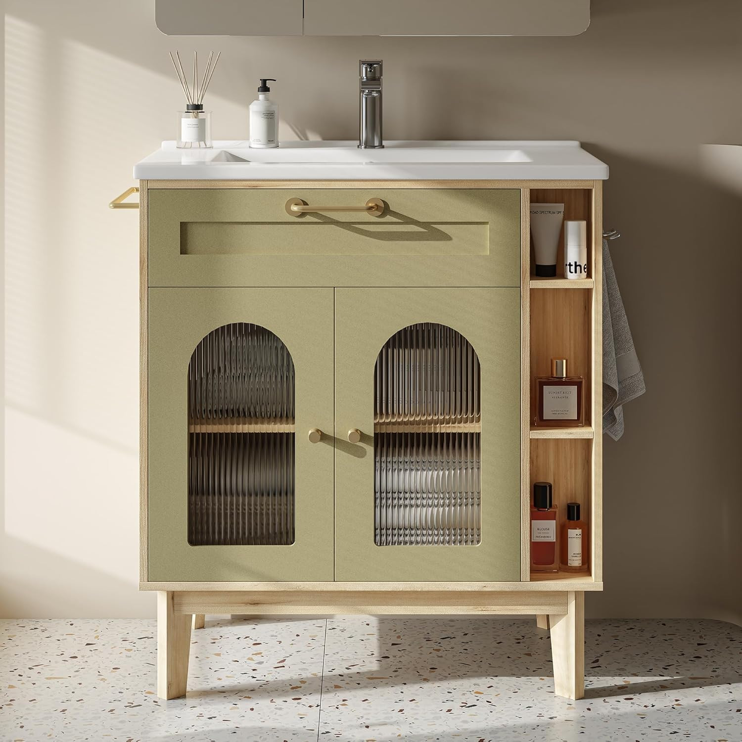 30″ Bathroom Vanity with Sink & Storage, Solid Wood Legs, Towel Bar Included