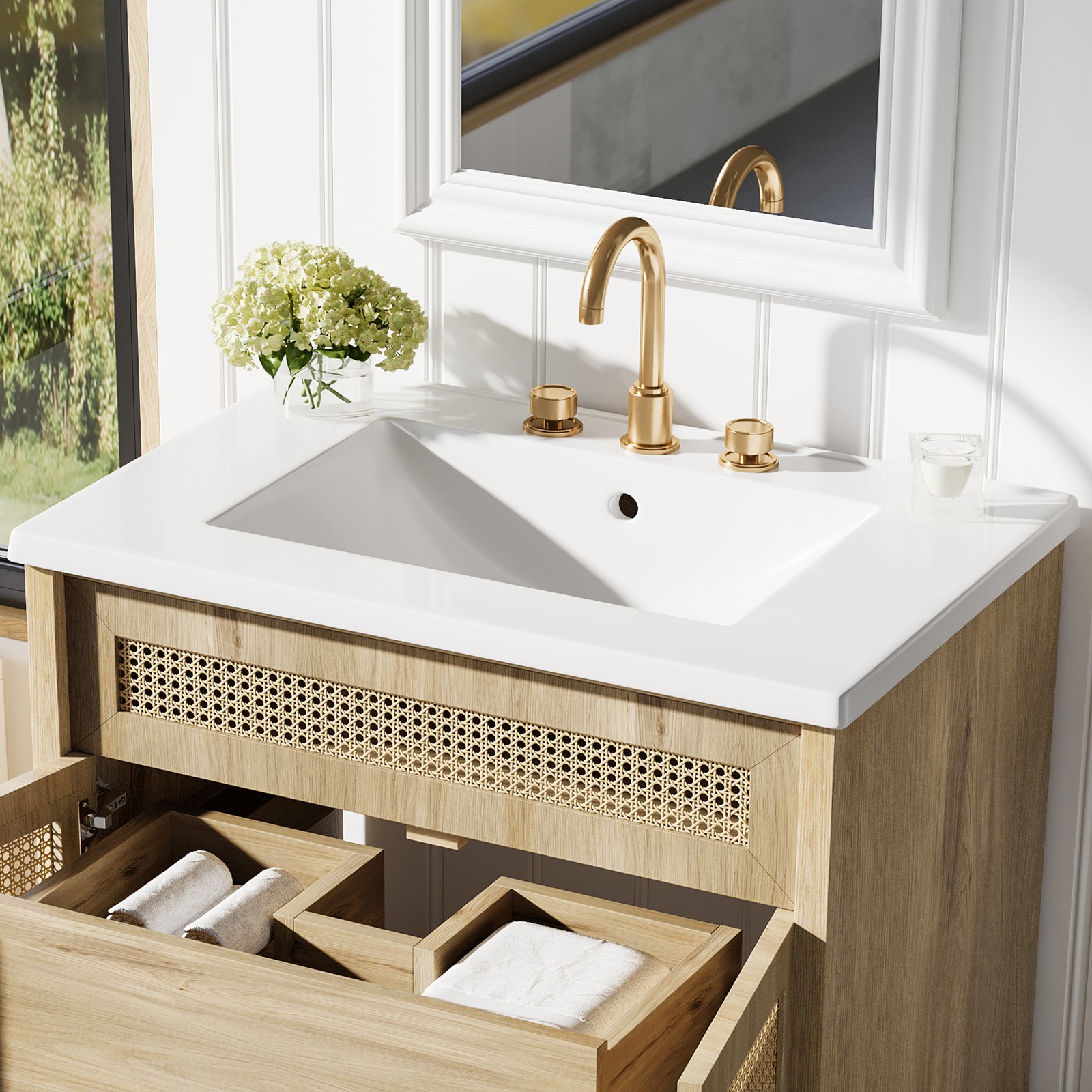 30″ Bathroom Vanity w/Rattan Doors, Solid Wood Legs & Resin Basin Natural Wood