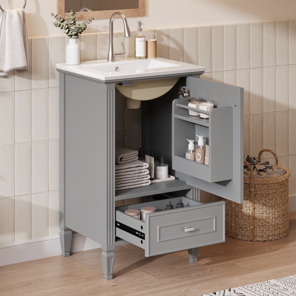 20″ Green Bathroom Vanity, Ceramic Sink, Solid Wood Legs, Soft-Close, Storage