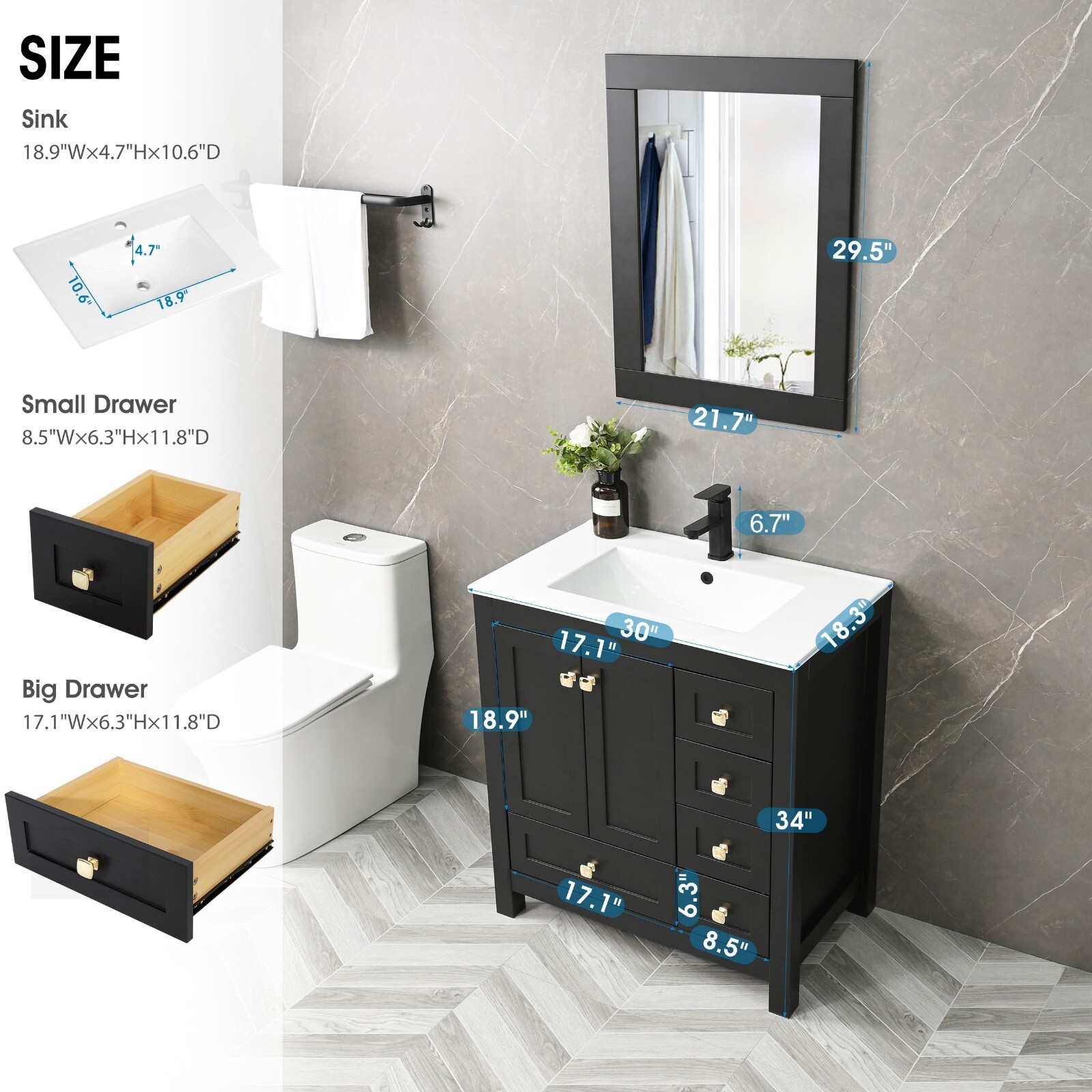 Eclife 30″ Bathroom Vanity Cabinet Set Drop in Ceramic Sink faucet drain mirror