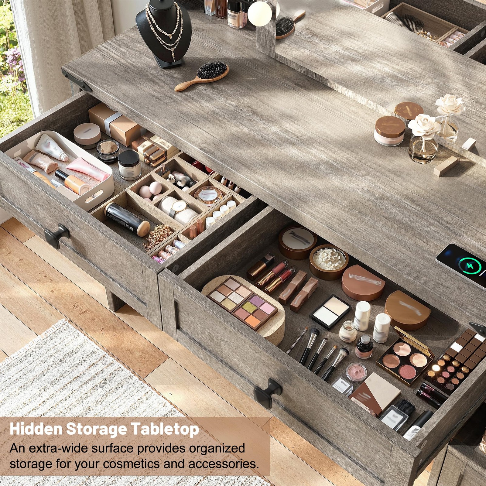 Farmhouse Vanity Desk Sliding Mirror Lights 4 Drawers RGB Cabinets Rustic Oak
