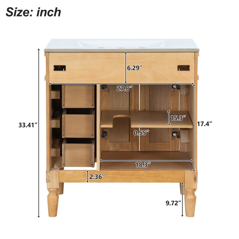 30-Inch Modern Bathroom Vanity, Solid Wood Frame + MDF, 2 Doors 3 Drawers