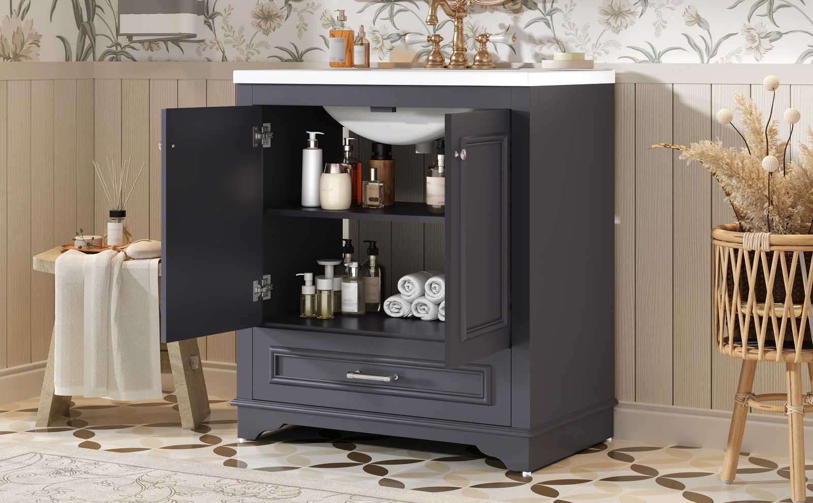 30.5″ Bathroom Vanity with Ceramic Sink, 2 Soft Close Doors, Solid Wood Frame