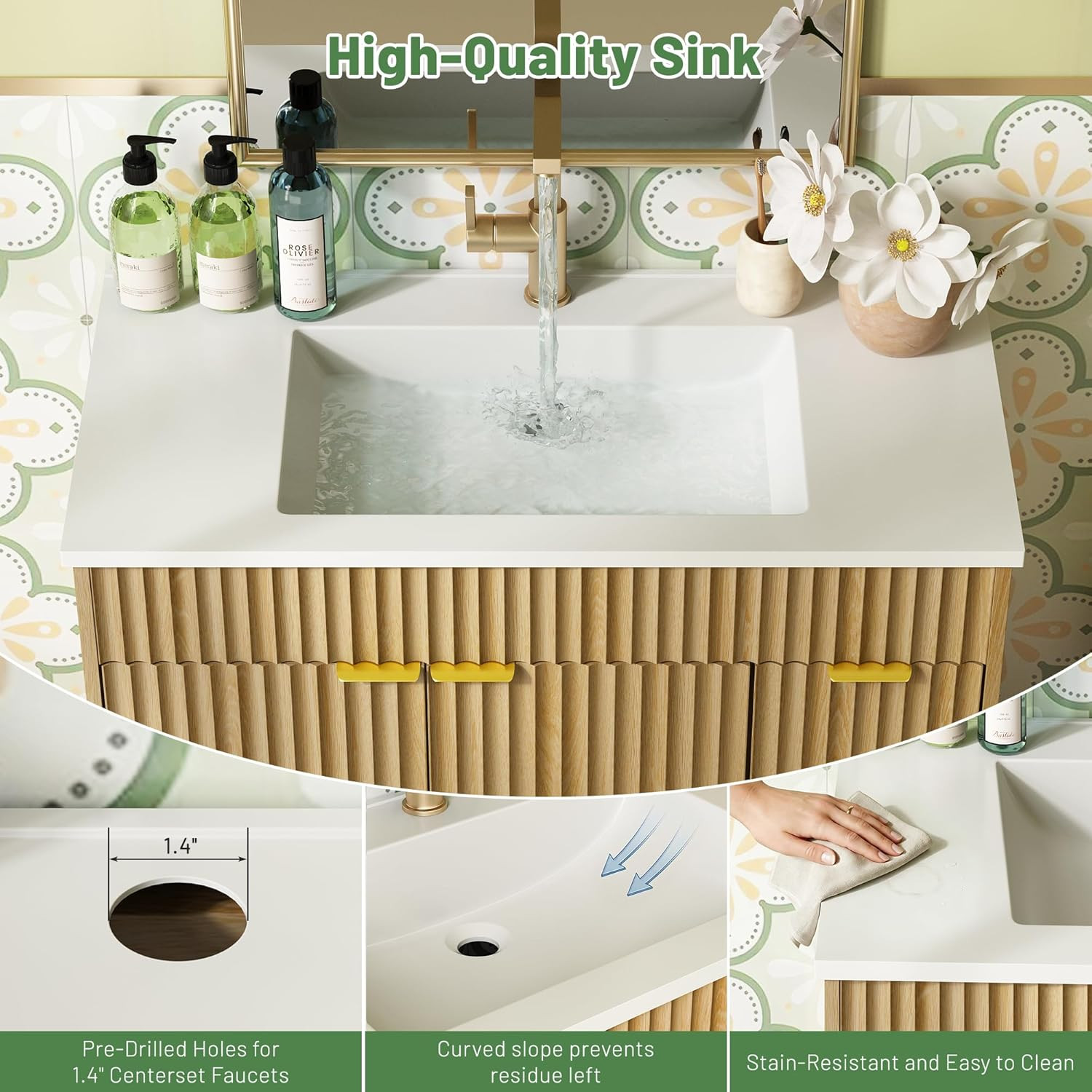 36 Inch Bathroom Vanity with Sink, Modern Fluted Bathroom Vanity with Sink with
