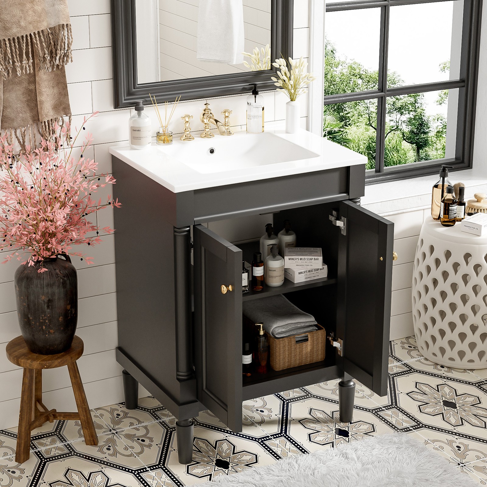 24″ Bathroom Vanity with Sink, Modern 2-Tier Storage Cabinet, Black