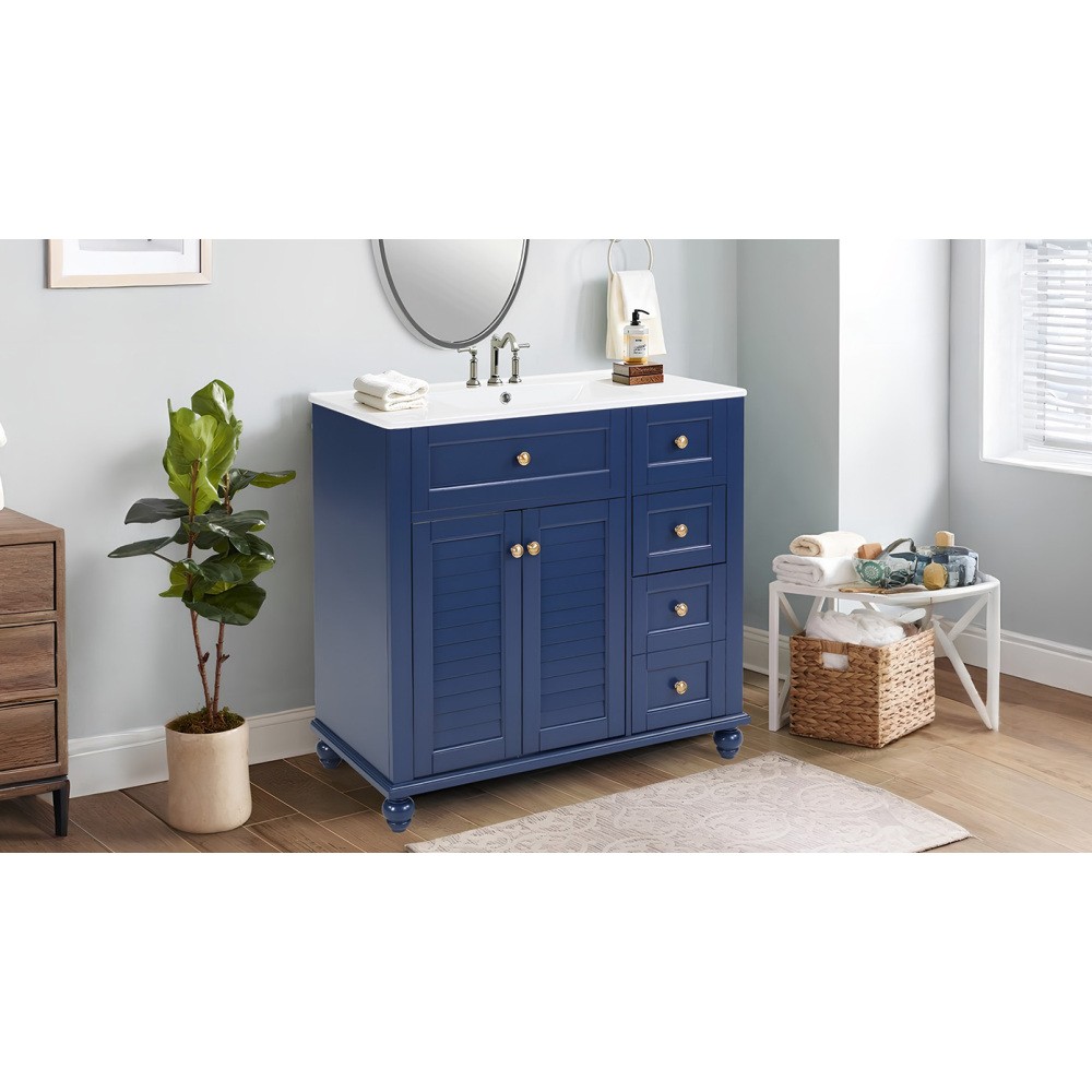 36″ Blue Bathroom Vanity with Ceramic Sink, Soft-Close Drawers, Solid Wood Frame