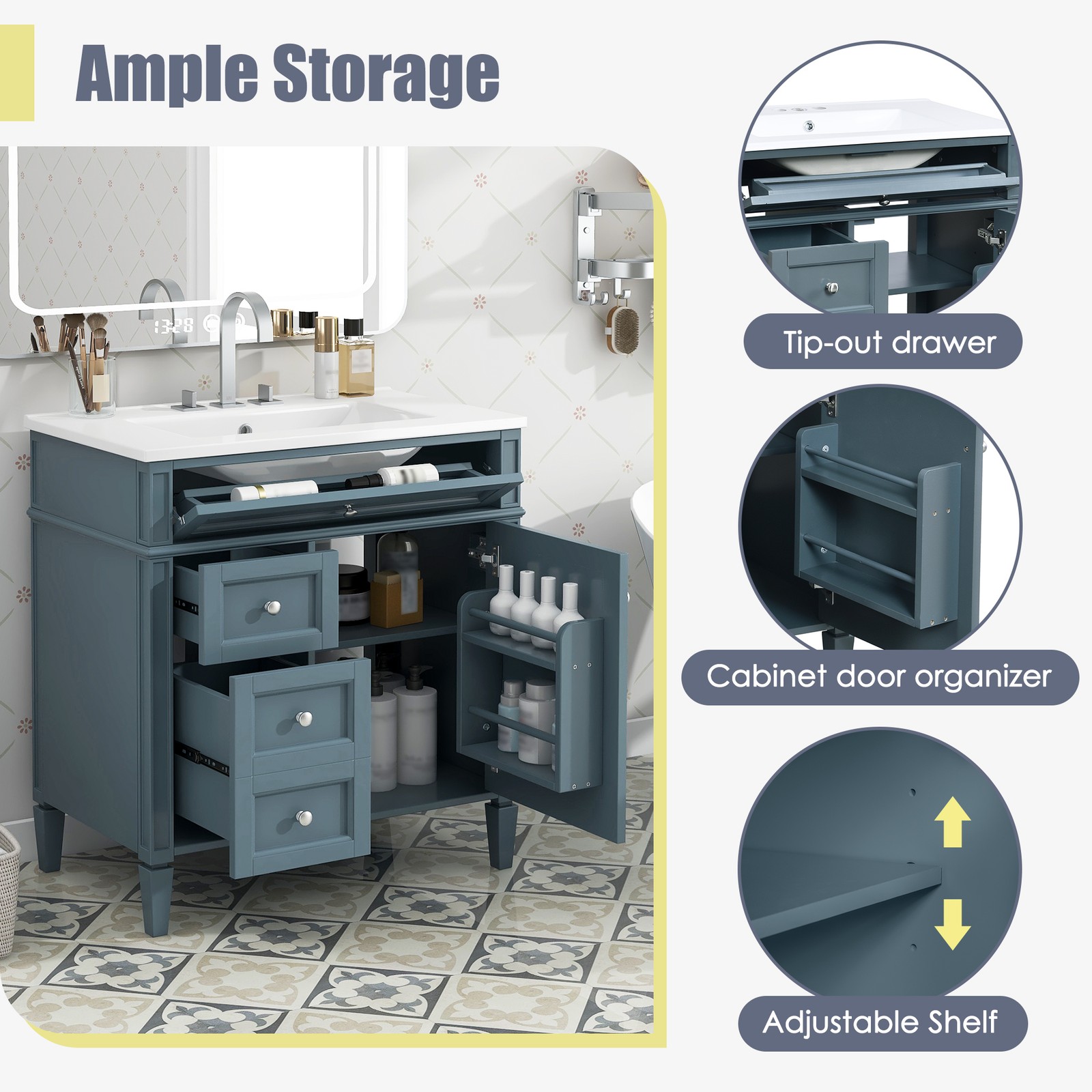 30″ Bathroom Vanity with Top Sink, 2 Drawers & Tip-Out Drawer