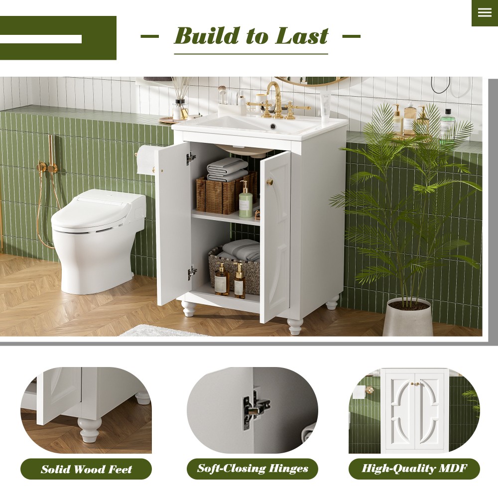 24″ Modern Bathroom Vanity w/ Ornate Elliptical Motif Design & Soft-Close Hinges