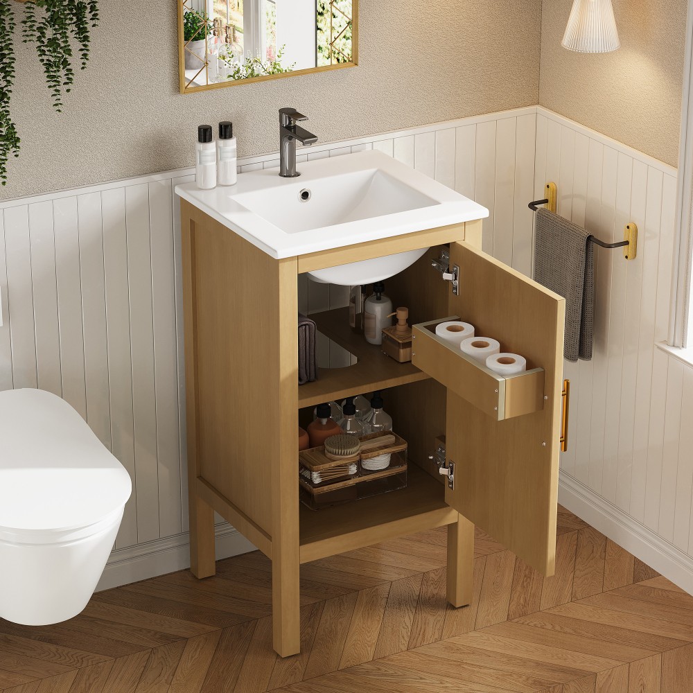 18″ Bathroom Cabinet Small Space Solution with Ceramic Sink Soft-Closing Hinges