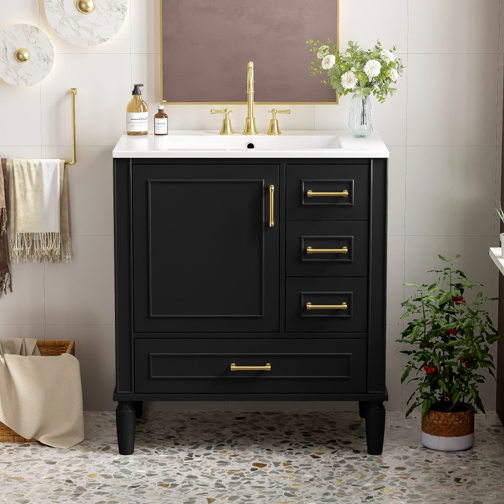30 in Bathroom Vanity Ceramic Sink Soft Close Door 3 Drawer Gold Handle Storage