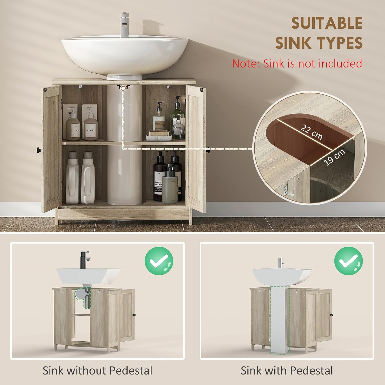 Under Sink Bathroom Cabinet Pedestal Sink Storage Cabinet with 2 Doors Shelf