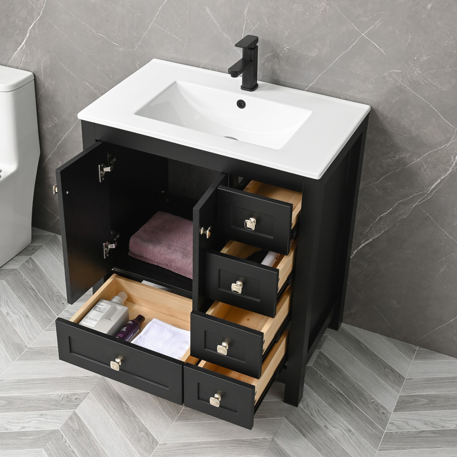 Eclife 30″ Bathroom Vanity Cabinet Set Drop in Ceramic Sink faucet drain mirror