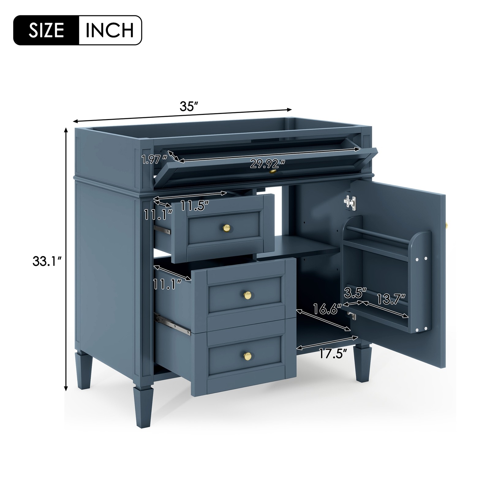 Blue Modern Bathroom Vanity w/ 3 Drawers, Solid Wood Frame, No Top Sink