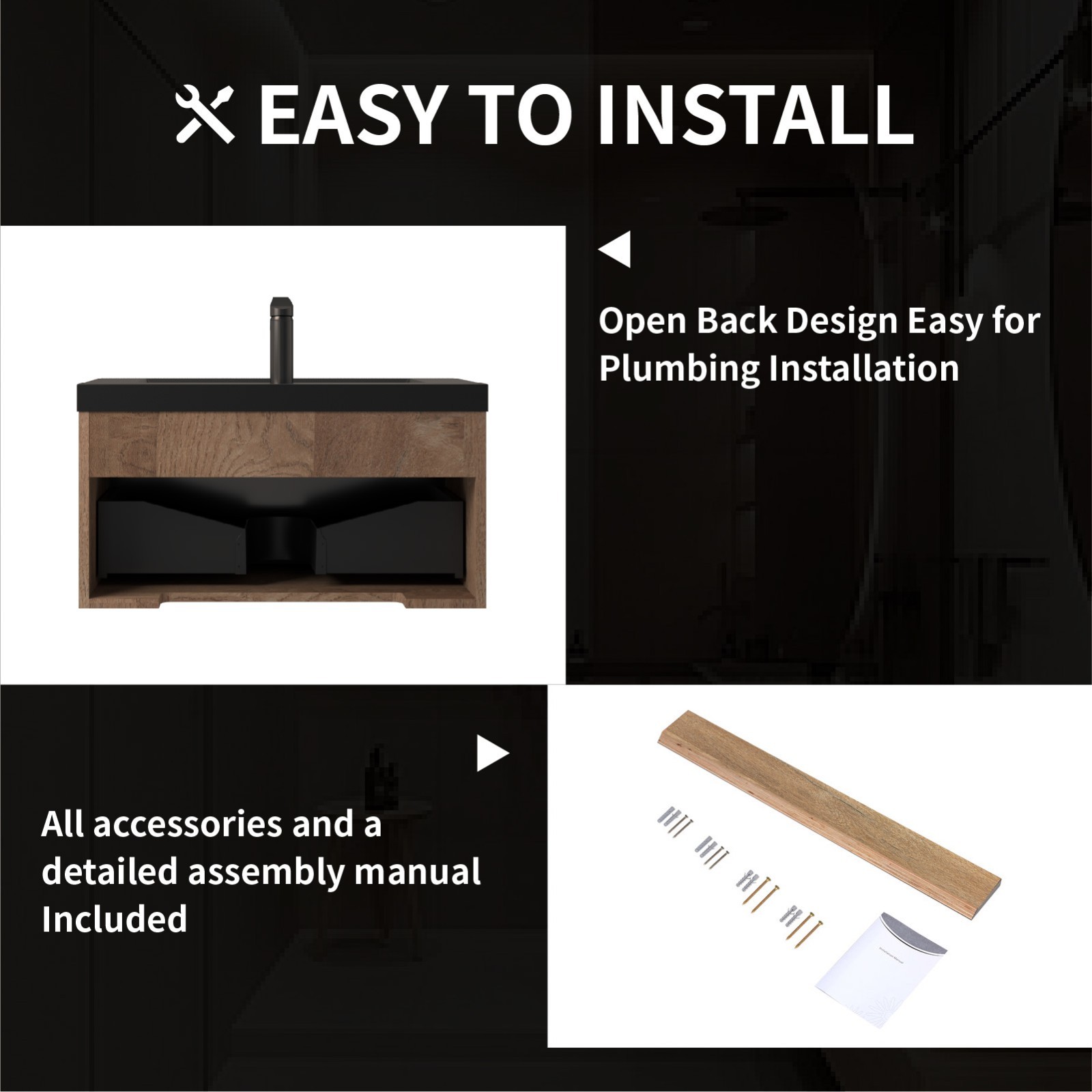 30” Bathroom vanity set floating vanity oak and black quartz sands basin top
