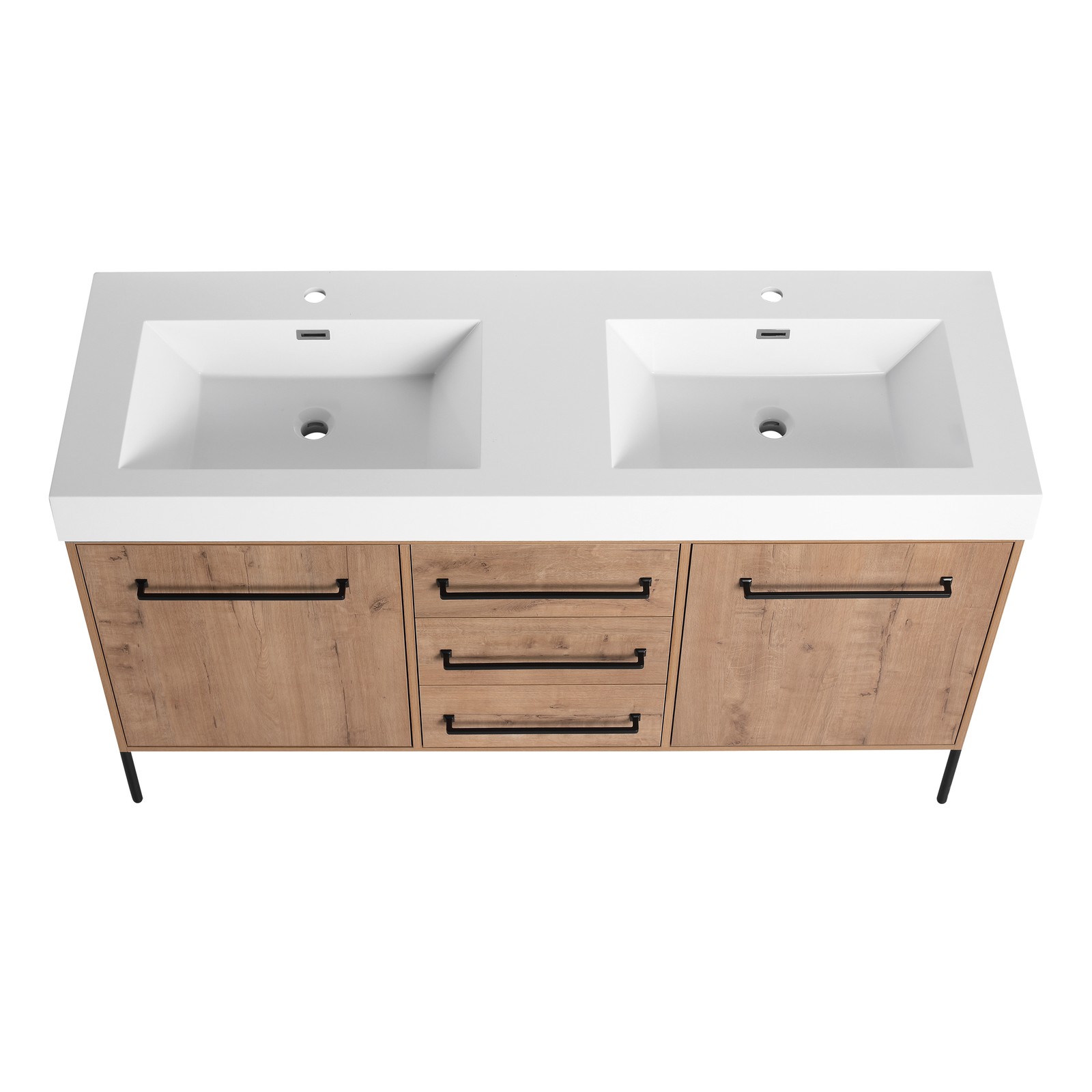 60 in Freestanding Bathroom Vanity White Double Resin Sink 2 Doors 3 Drawers