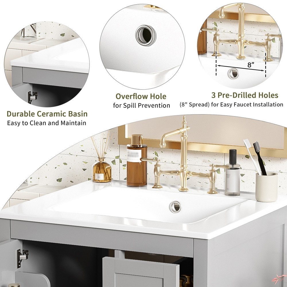 Bathroom vanity with sink Features double-door cabinet Includes three drawers