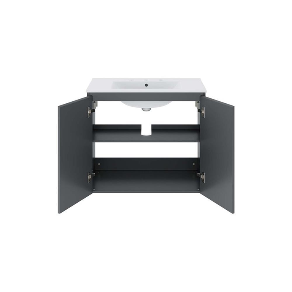 Modway Bryn 30″ Modern Wood/Ceramic Wall-Mount Bathroom Vanity in Gray/White
