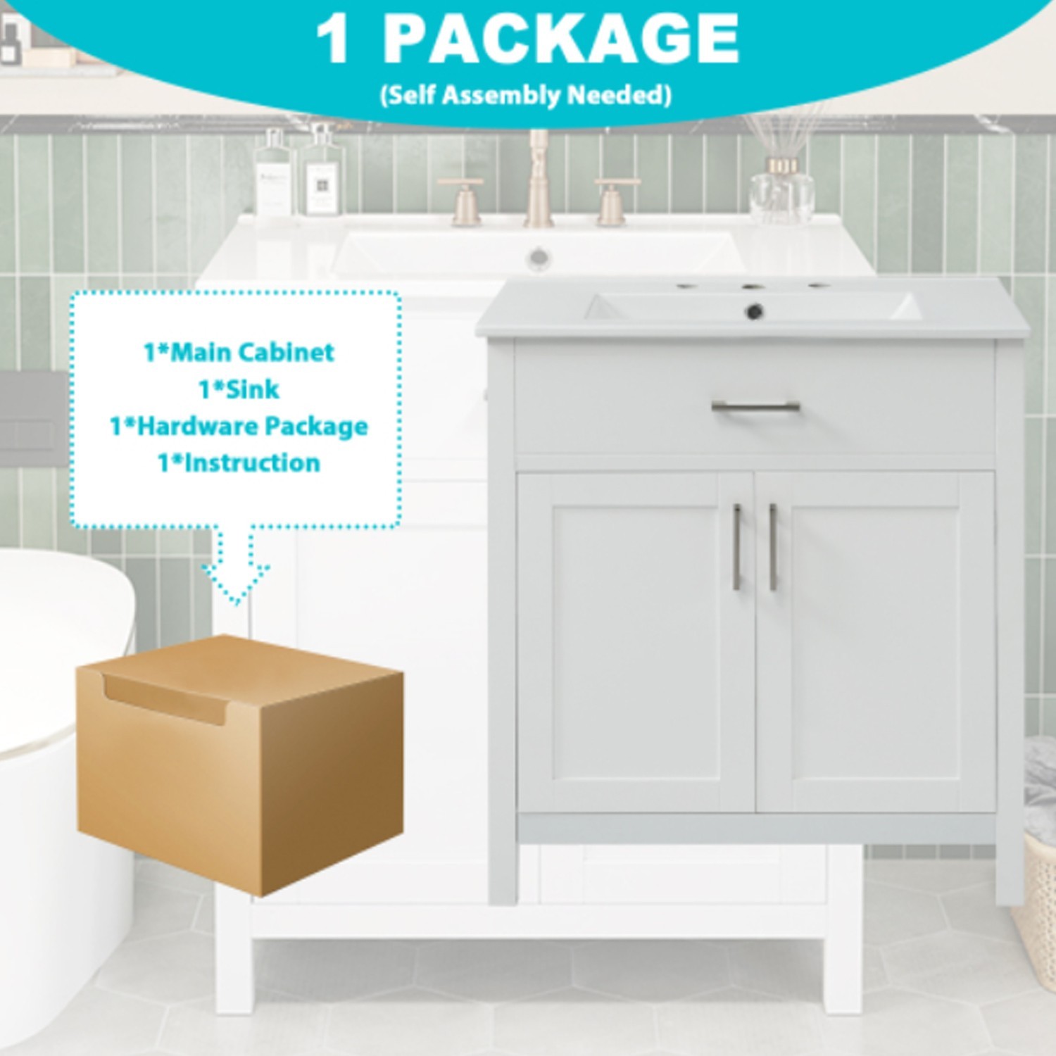 White Durable Build 30″Bathroom Vanity Cabinet Large Practical Vanity With Sink