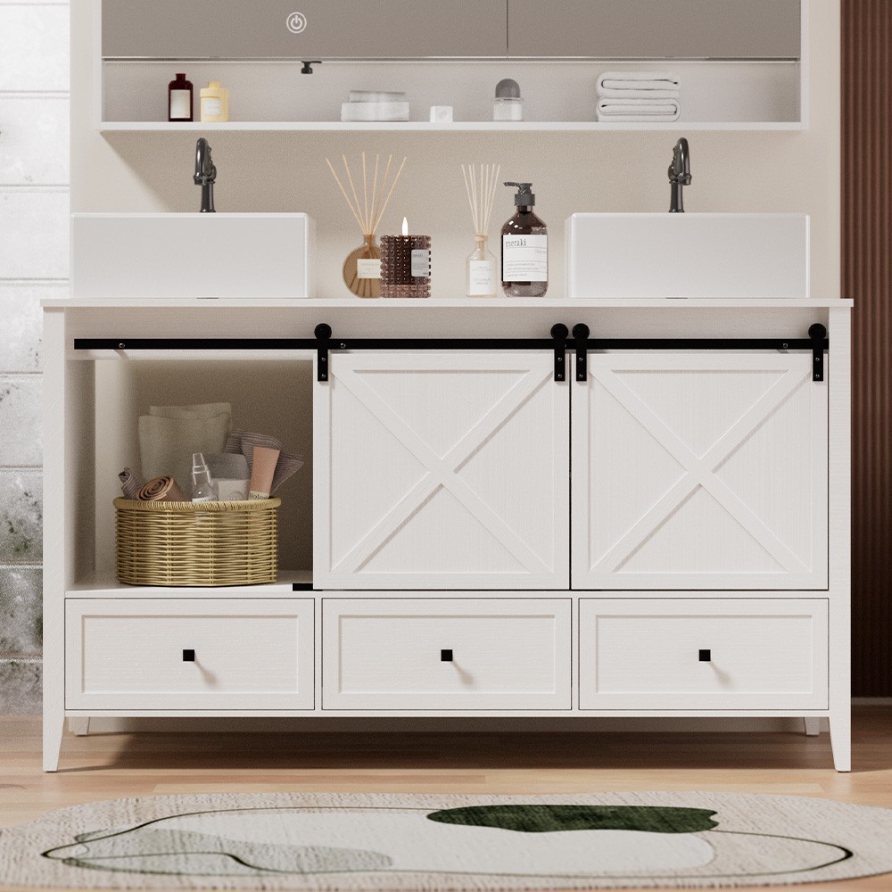 60″ Bathroom Vanity Double Sink Ceramic Freestanding Cabinet White Wood Grain