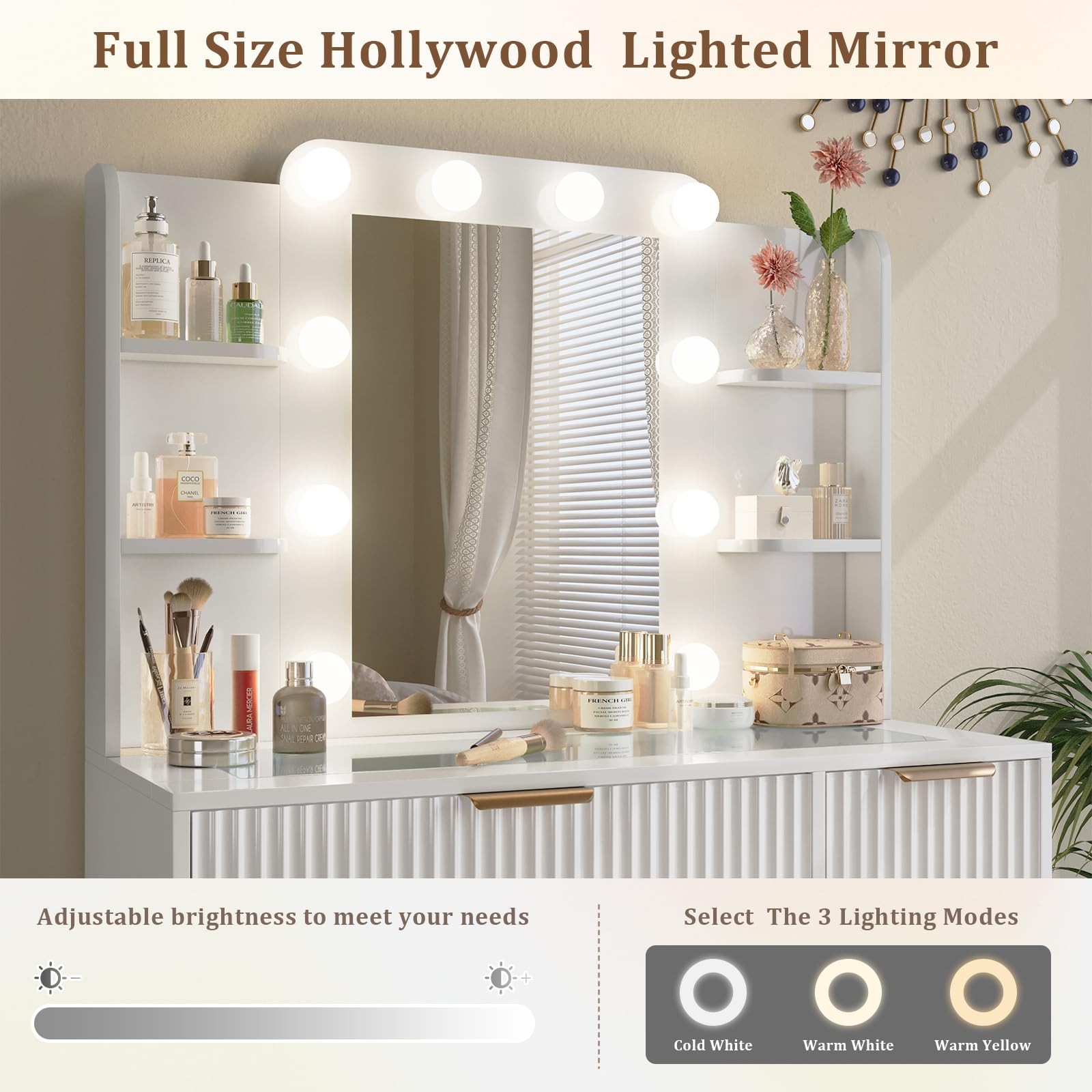 Makeup Vanity Desk Lighted Mirror 5 Drawers Charging Station