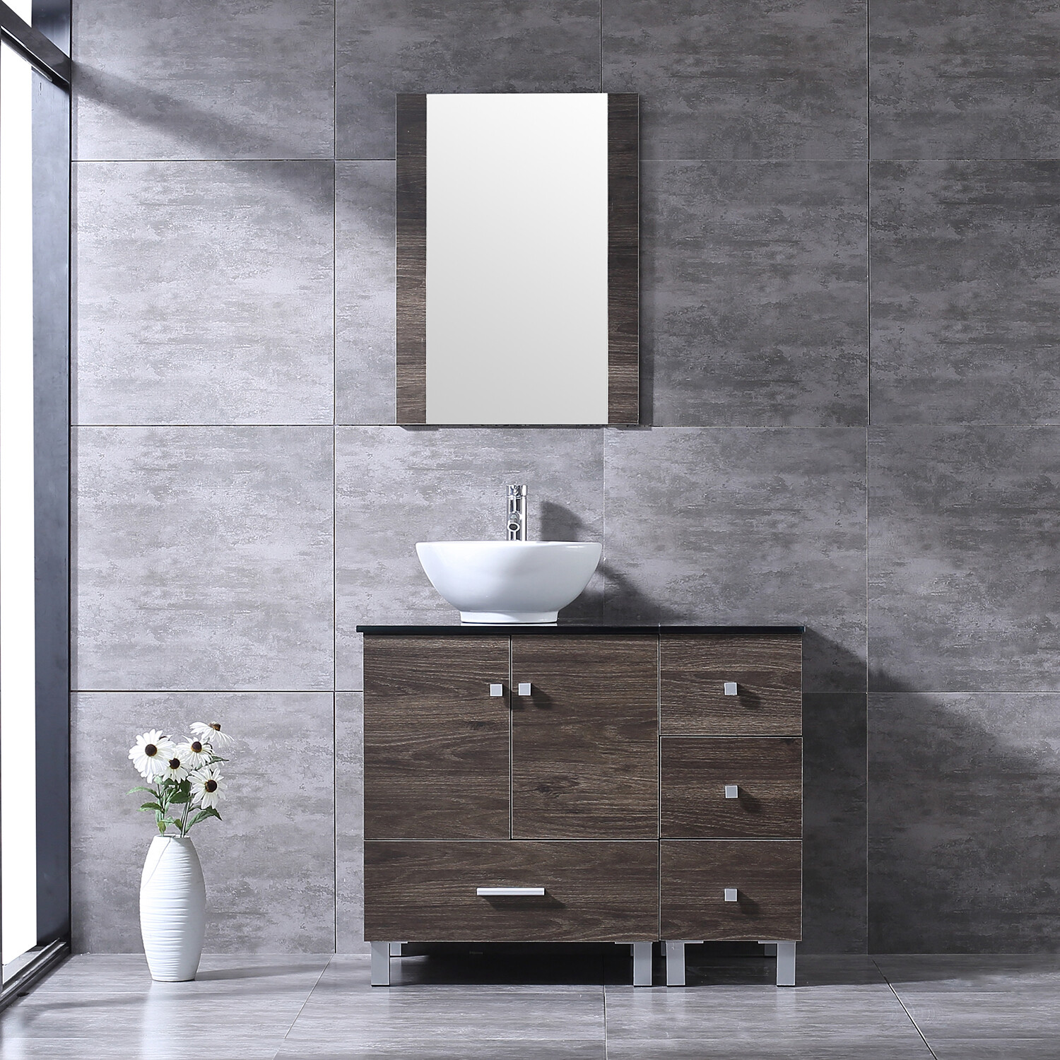 36” Bathroom Vanity Cabinet Black/ Brown/ White Round Ceramic Sink Faucet Drain