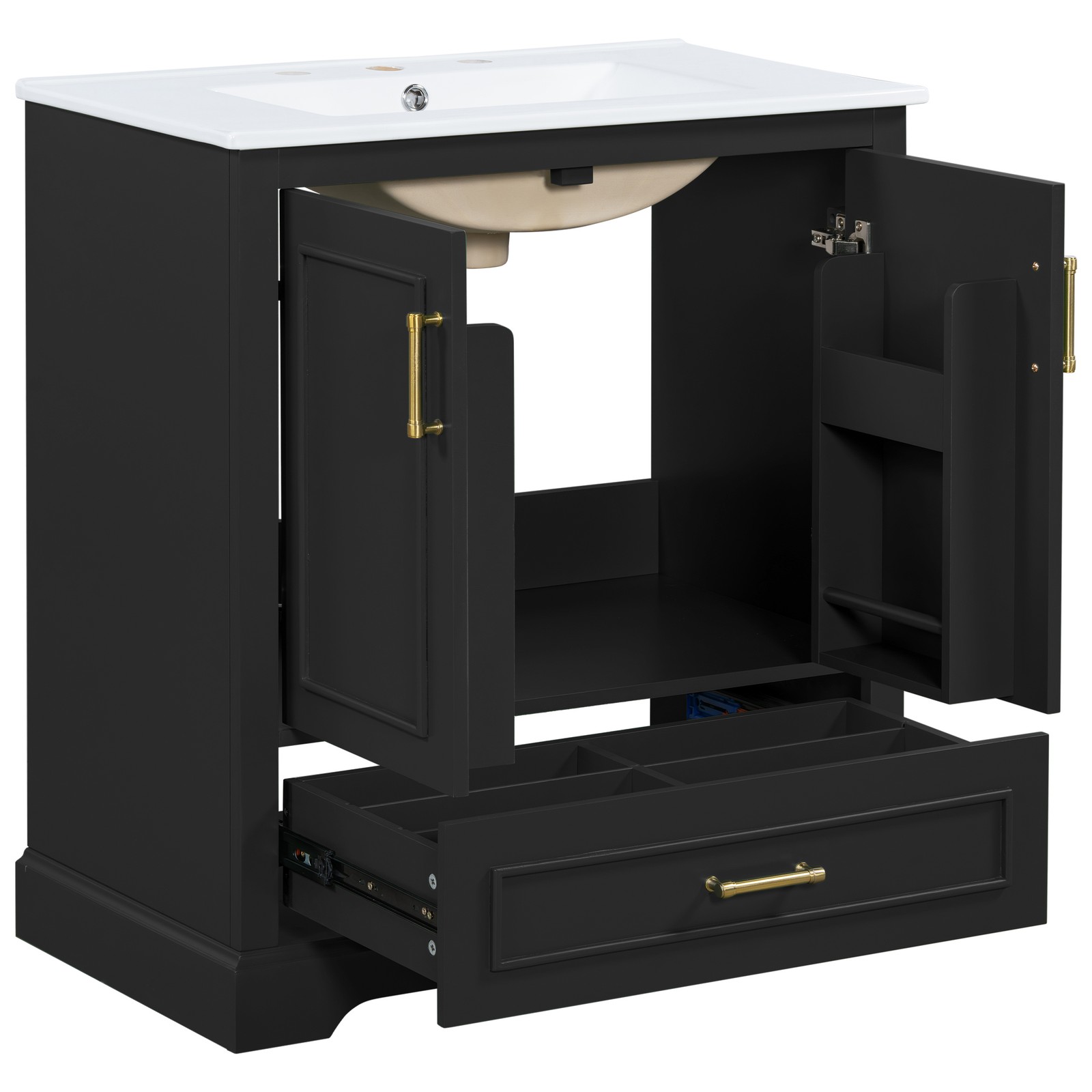 30″ Bathroom Vanity w/ Sink, Black, Soft-Close Doors & Drawer, Solid Wood+MDF