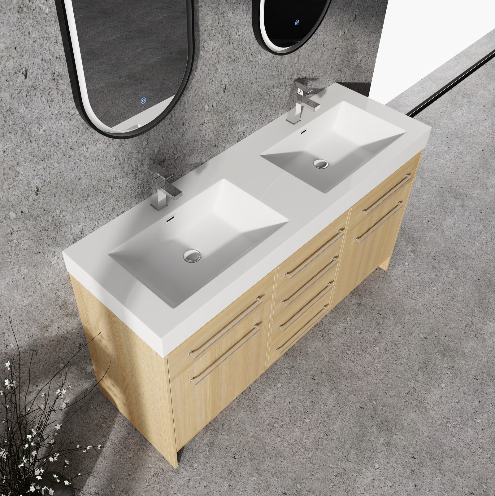 60 in Plywood Bathroom Vanity Freestanding W/Double Resin Sink +2 Doors 6Drawers