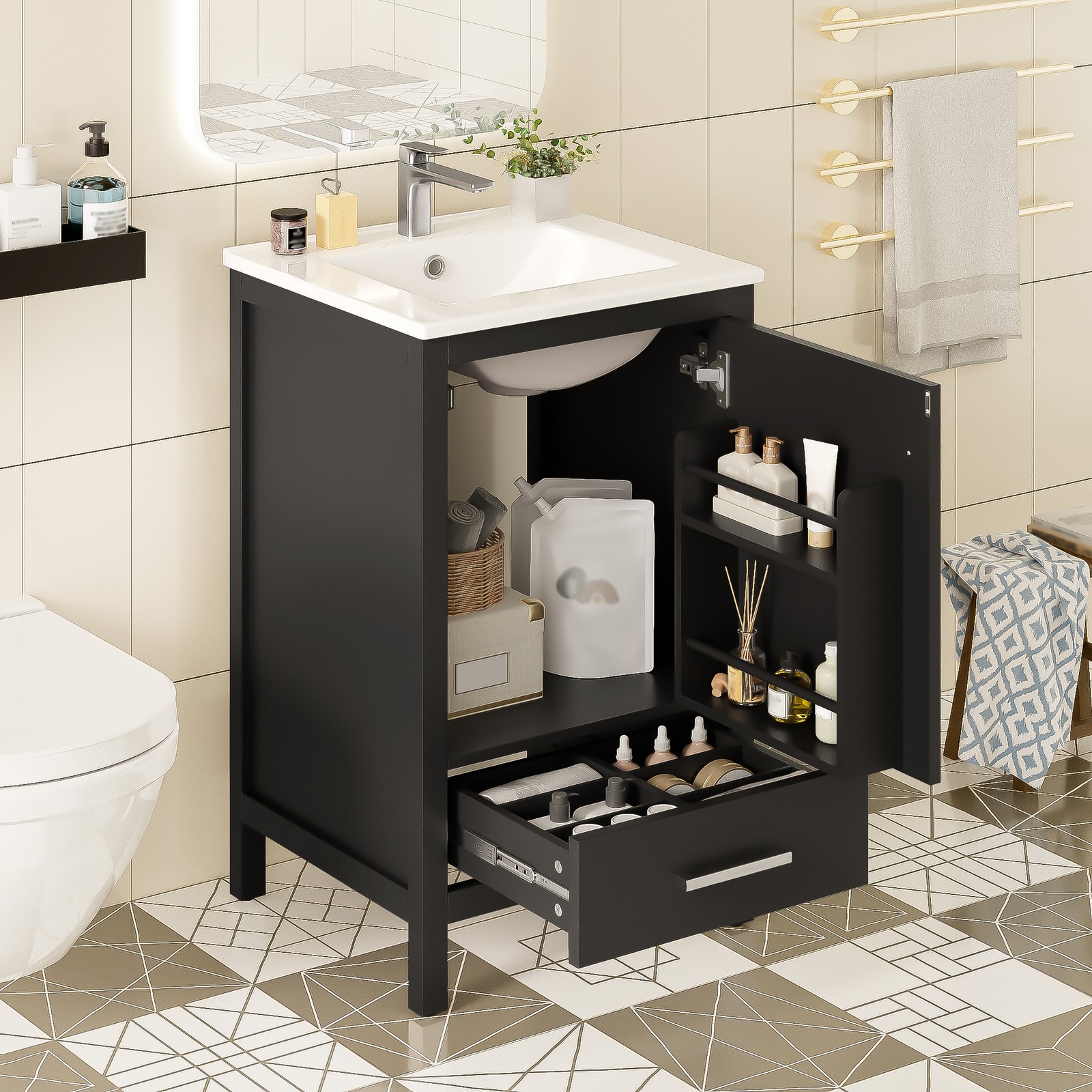 Modern Bathroom Vanity w/Ceramic Sink,Storage Cabinet w/Soft-Close Drawer & Door