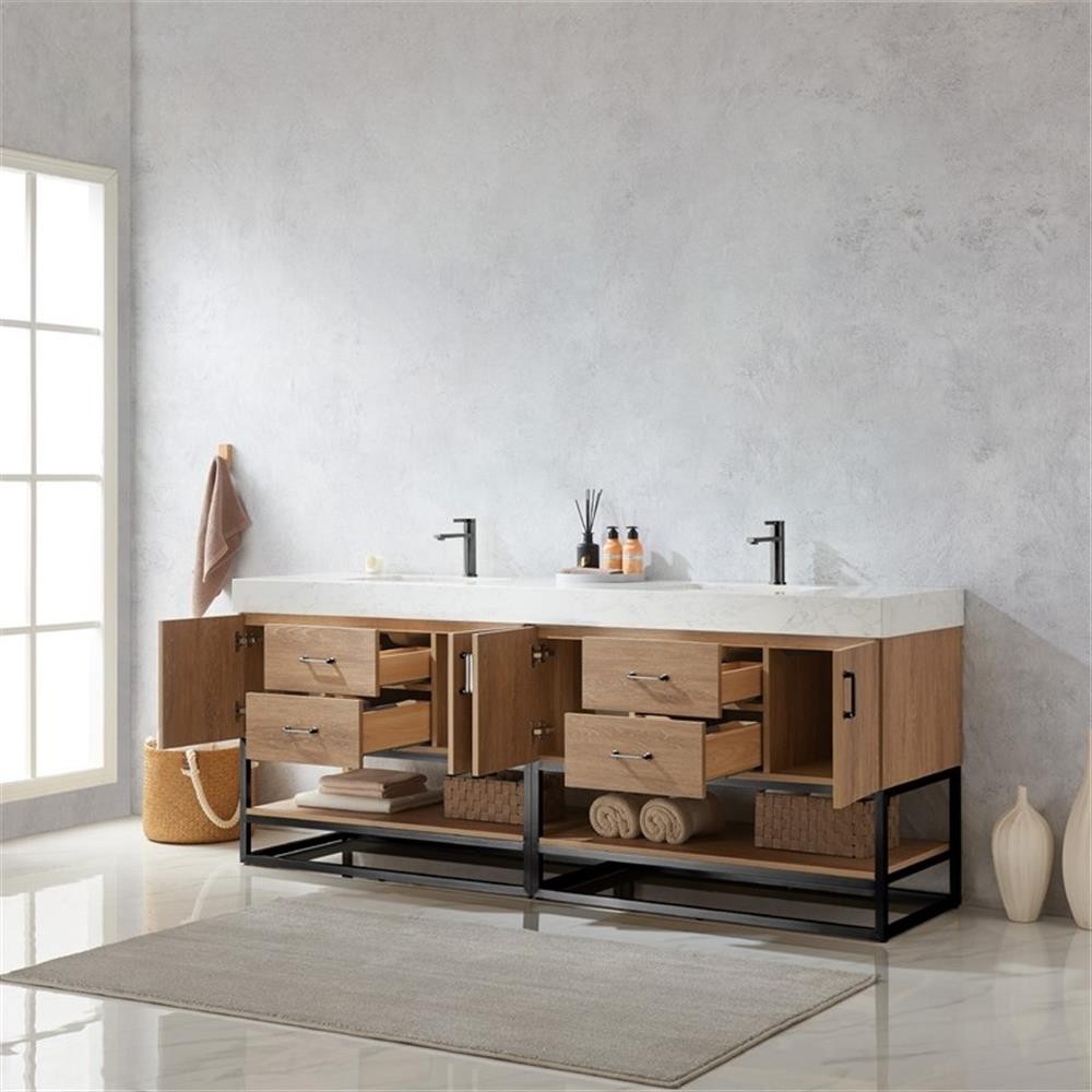 Pemberly Row 84″ White Stone Top Oak Double Vanity Black Frame w/o Mirror