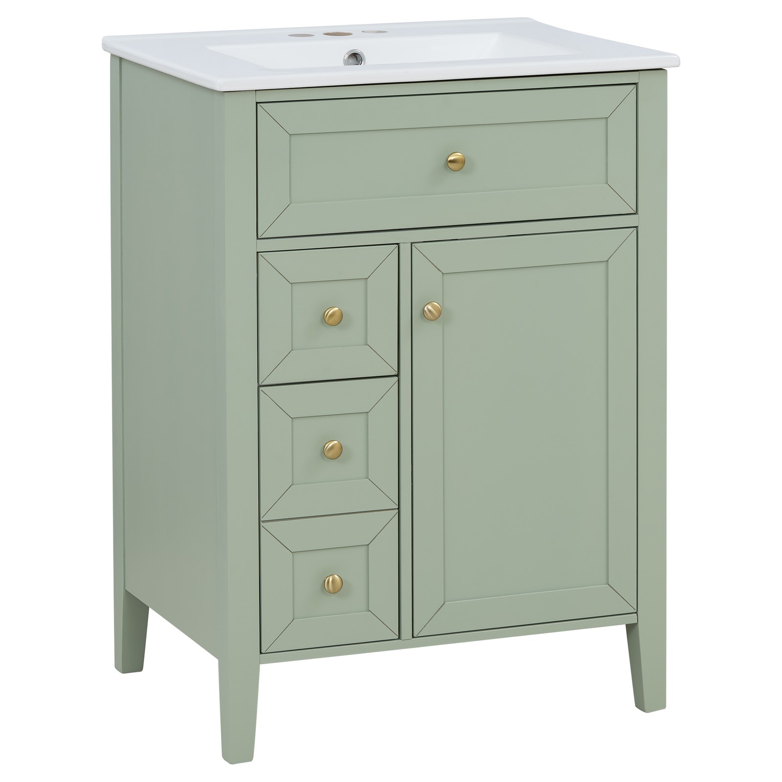 24″ Light Green Bathroom Vanity with Ceramic Sink and Storage Drawers