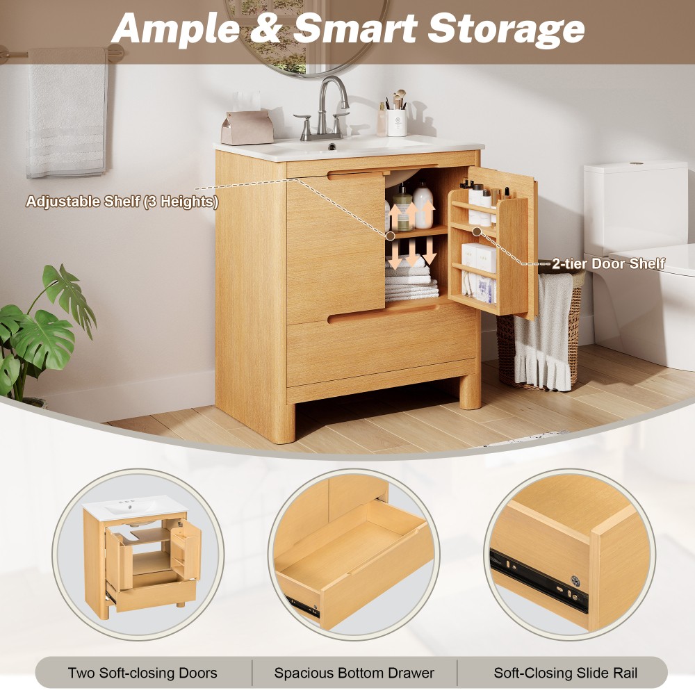 30″ Softened Modern Bathroom Vanity with Ceramic Sink, Natural Wood Grain