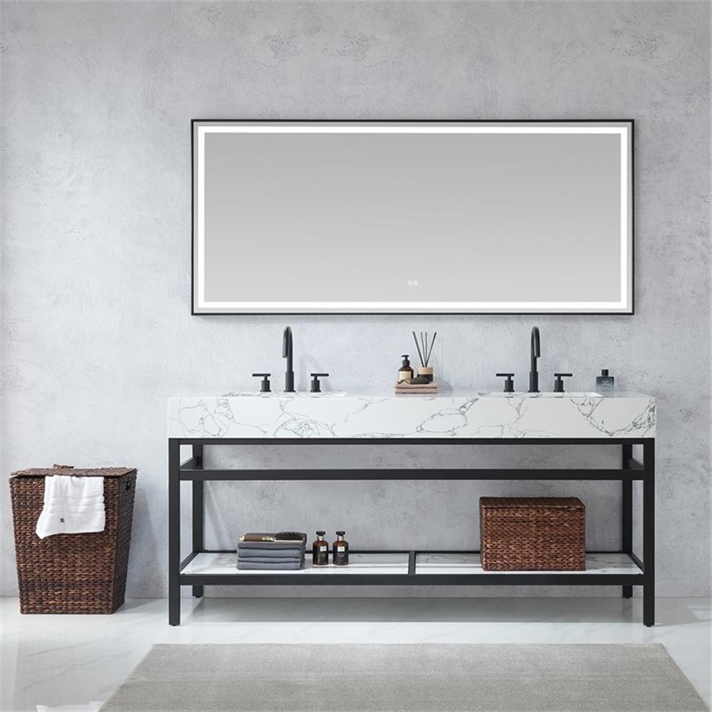 Ecija 72″ Matte Black Metal Vanity with Pandora White Composite Top and Mirror