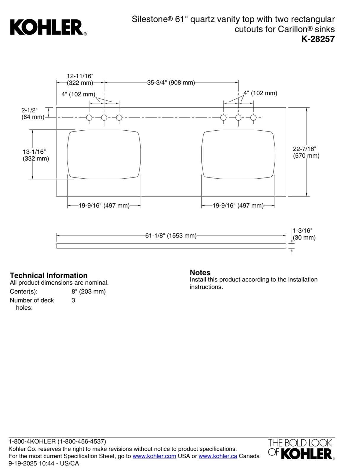 Kohler Silestone® 61″ quartz vanity top with two rectangular cutouts® 28257-ESR