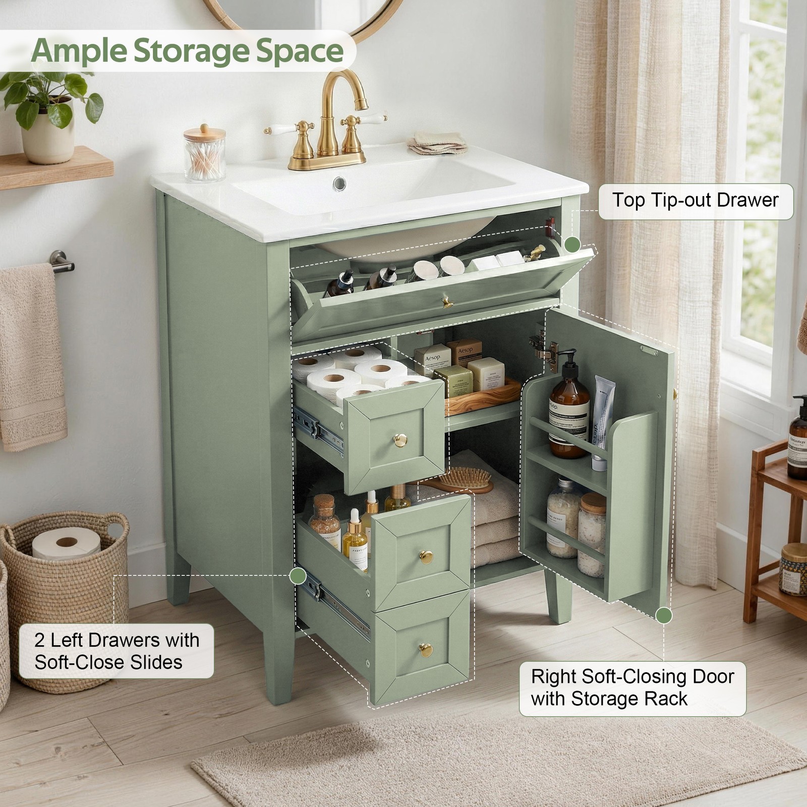 24″ Light Green Bathroom Vanity with Ceramic Sink and Storage Drawers