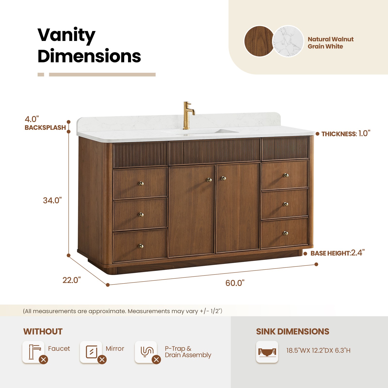 Zogno 60″ Single Sink Bath Vanity in Natural Walnut with White Grain Stone Top