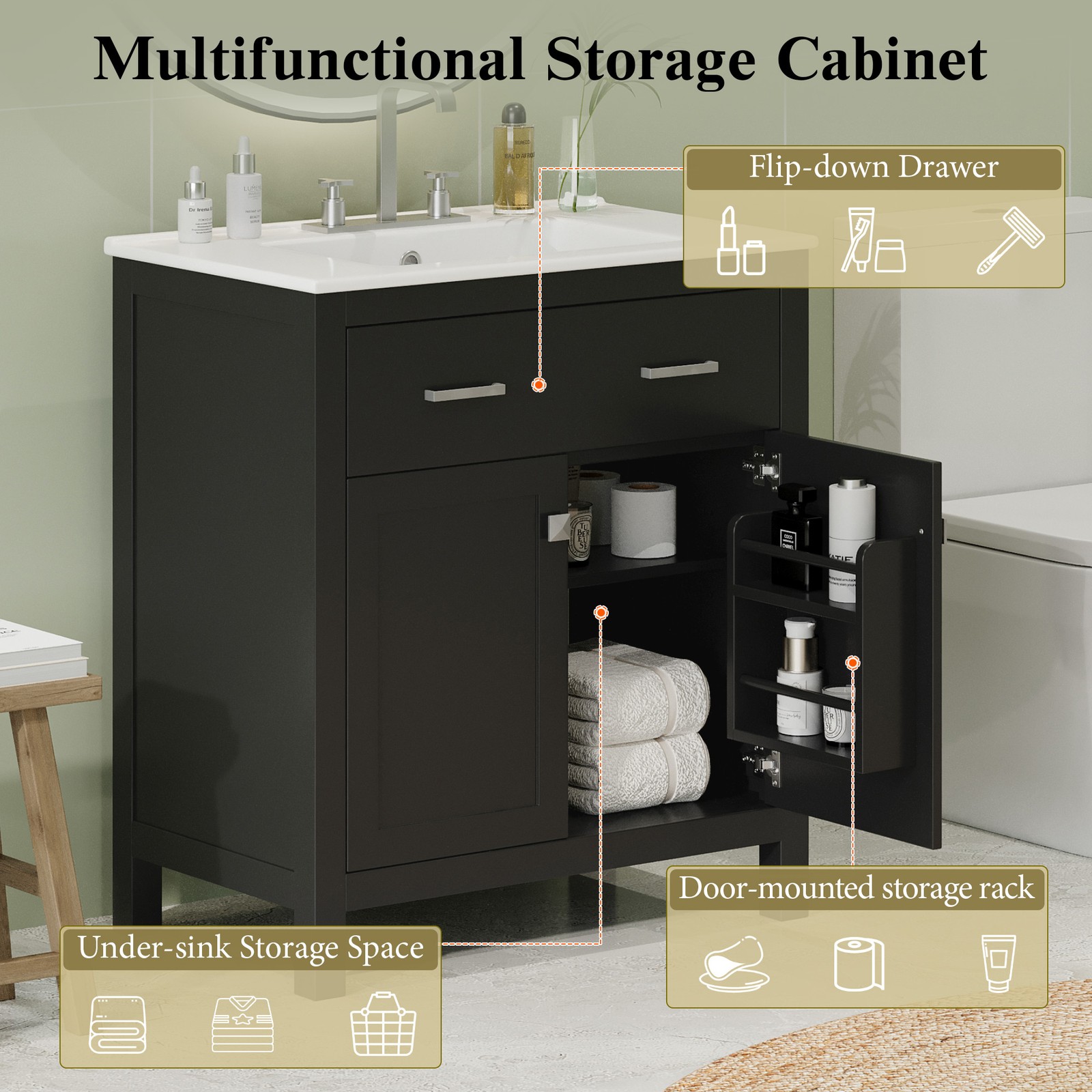 30″ Bathroom Vanity with Ceramic Sink, Modern Black Single Bathroom Cabinet