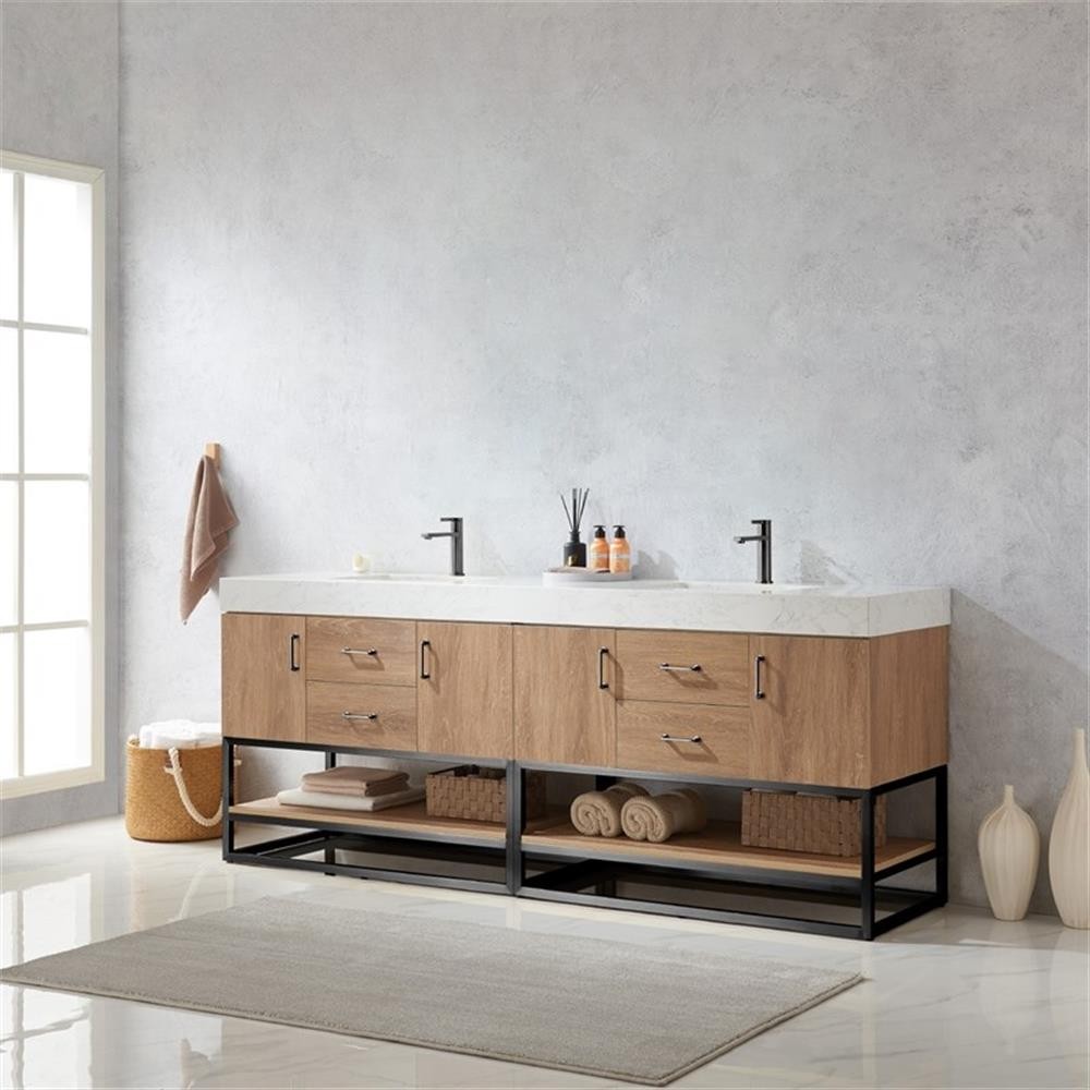 Pemberly Row 84″ White Stone Top Oak Double Vanity Black Frame w/o Mirror